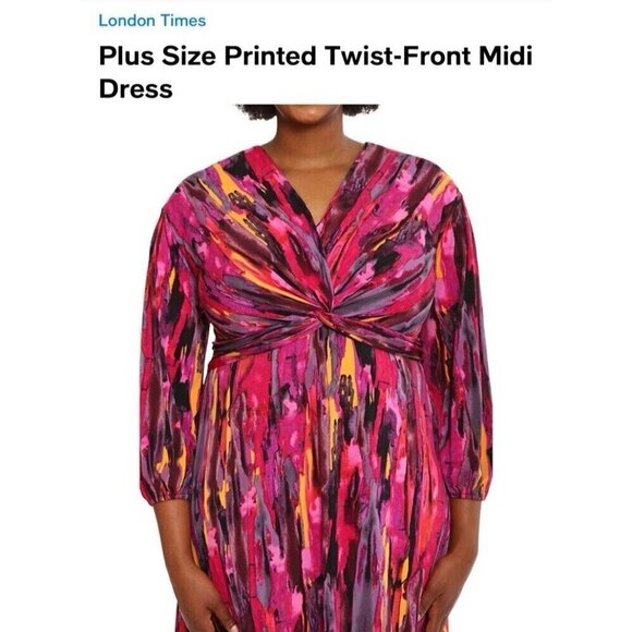 London Times Twisted Front 3/4 Sleeve A-Line Dress Berry Multi Print Size 16 - Picture 4 of 16